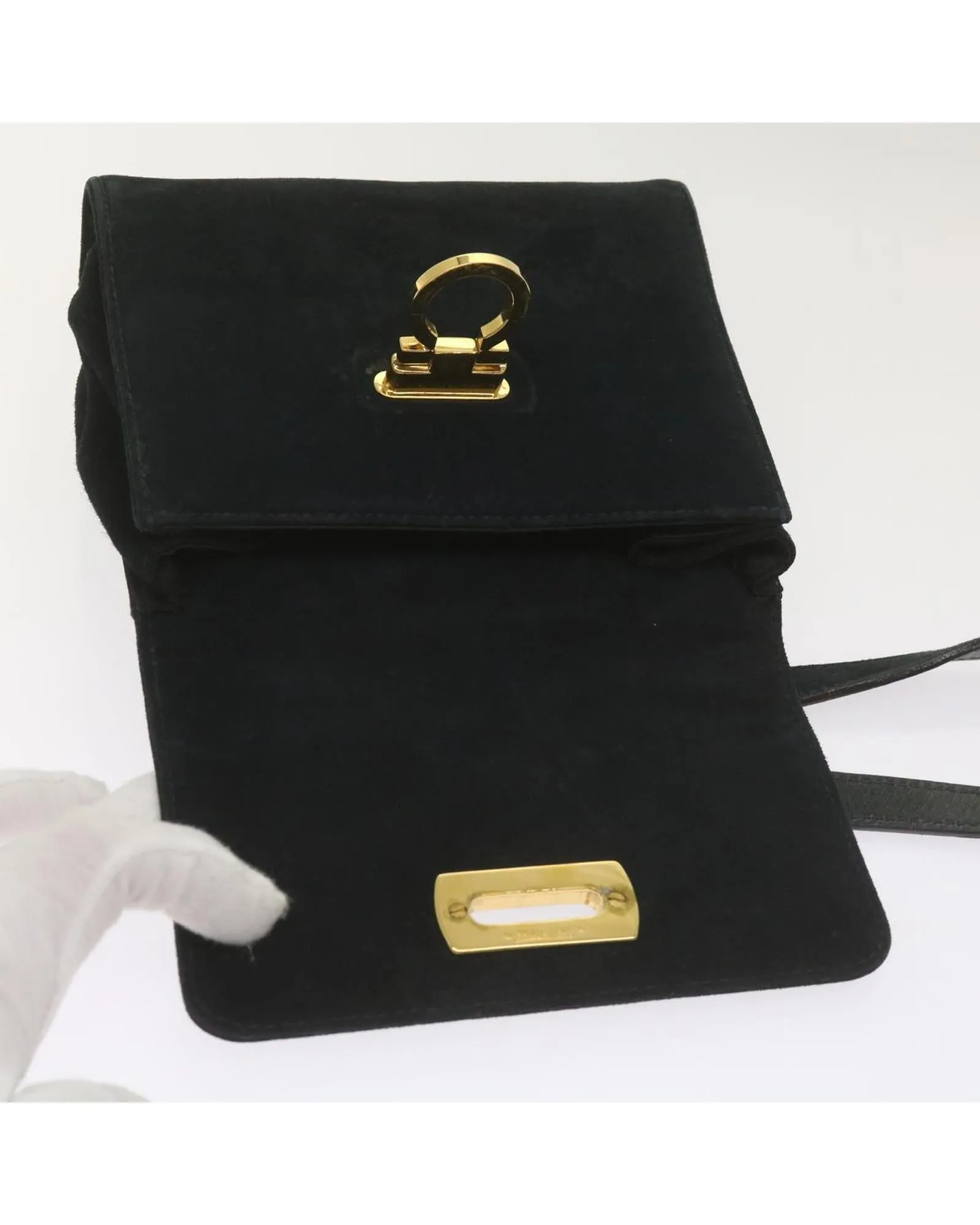 Black Suede Shoulder Bag with Gancini Detail by Italian Designer