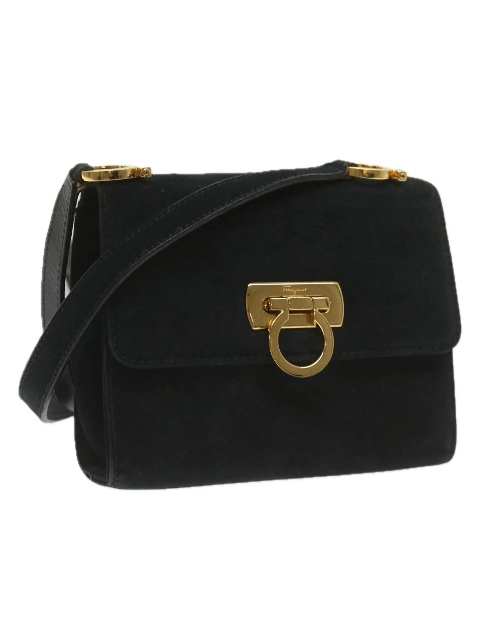 Black Suede Shoulder Bag with Gancini Detail by Italian Designer