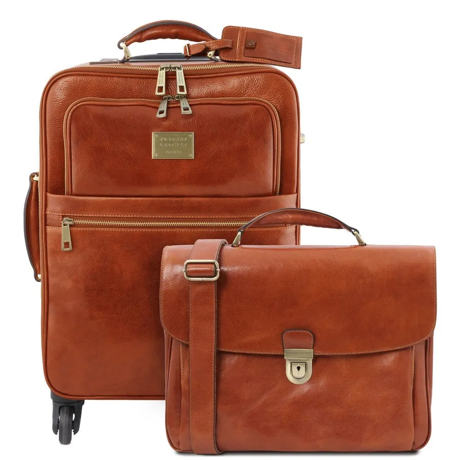 Business 4 Wheeled Luggage And Leather Laptop Briefcase Set