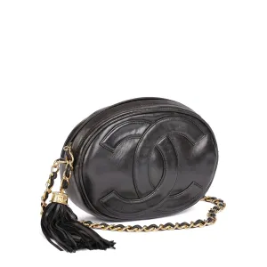 Chanel Black Lambskin Leather Vintage Round Fringe Timeless Shoulder Bag