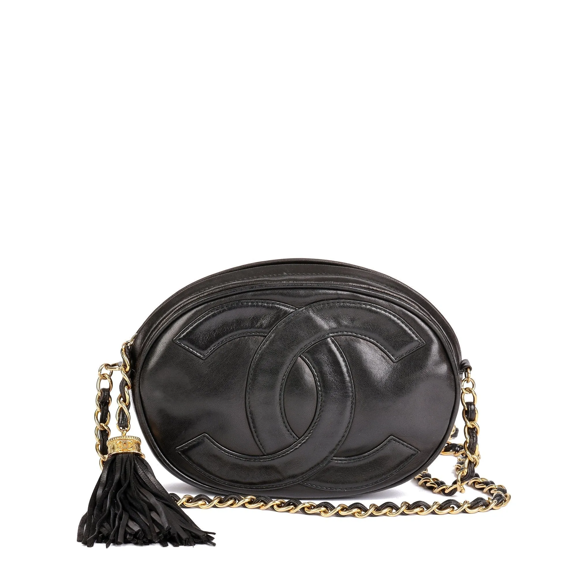 Chanel Black Lambskin Leather Vintage Round Fringe Timeless Shoulder Bag