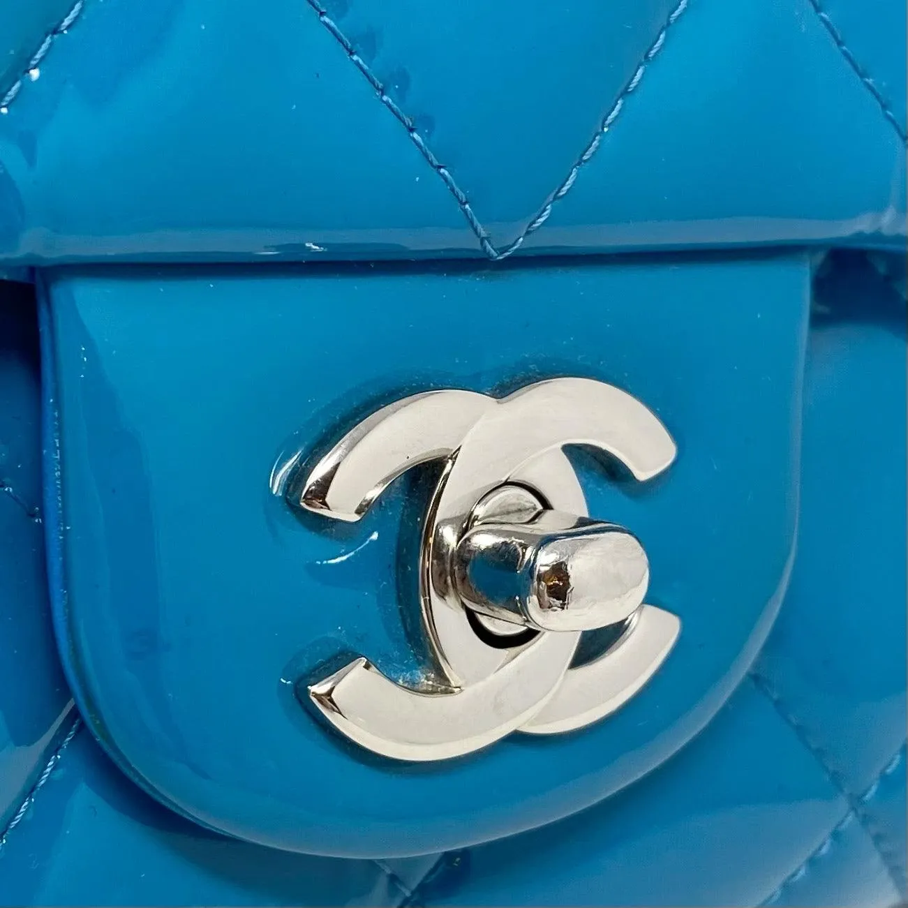 Chanel Blue Patent Classic Clutch With Chain