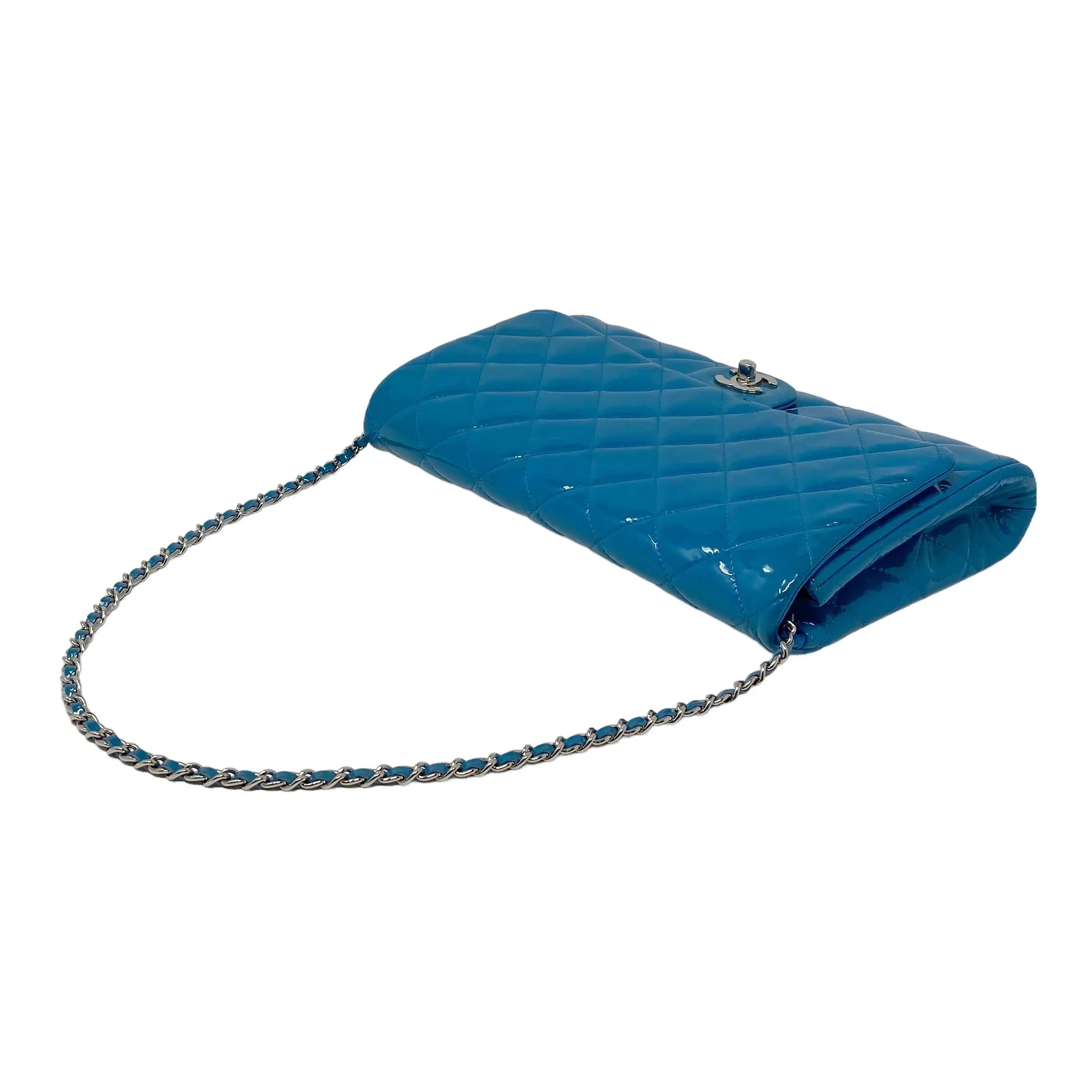 Chanel Blue Patent Classic Clutch With Chain