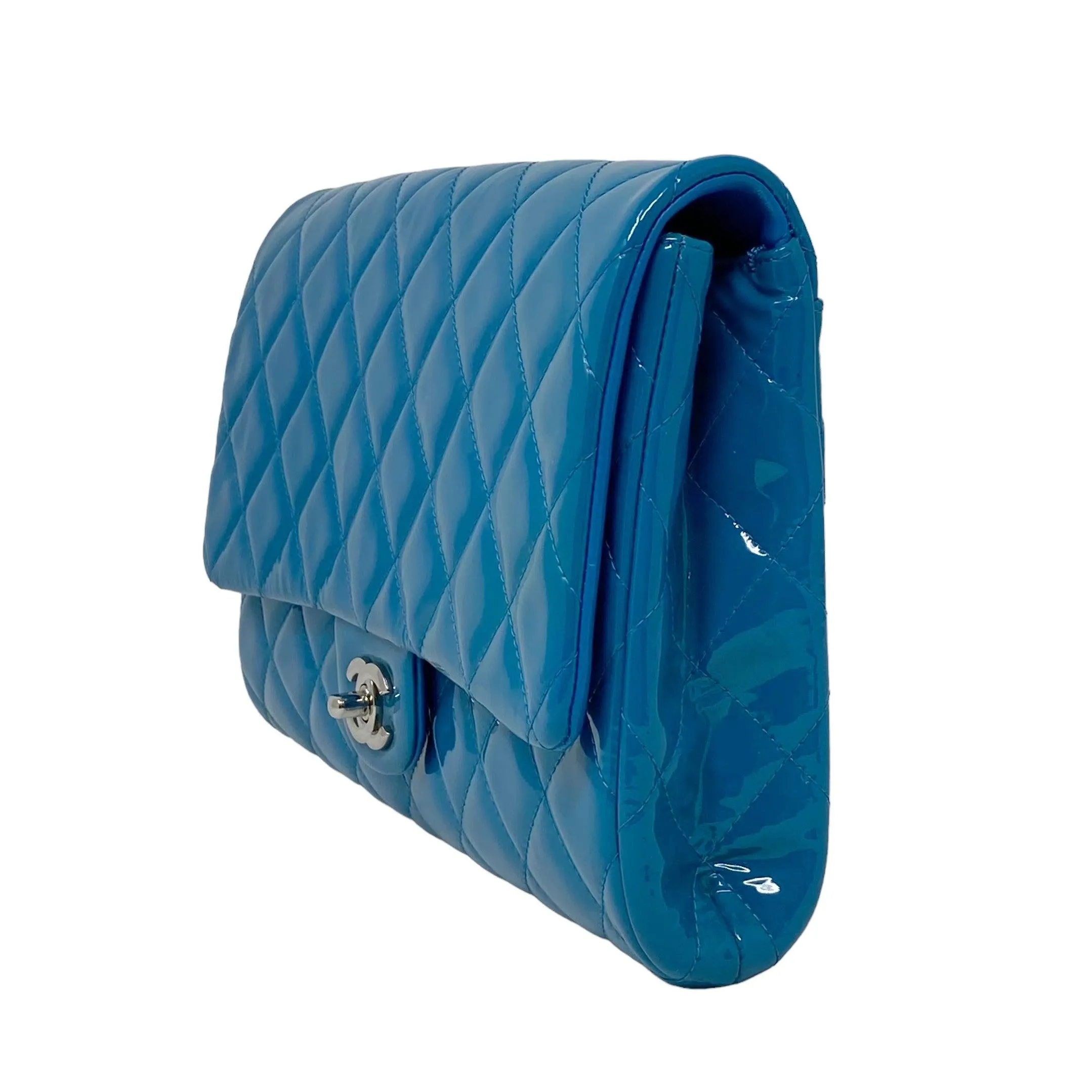 Chanel Blue Patent Classic Clutch With Chain