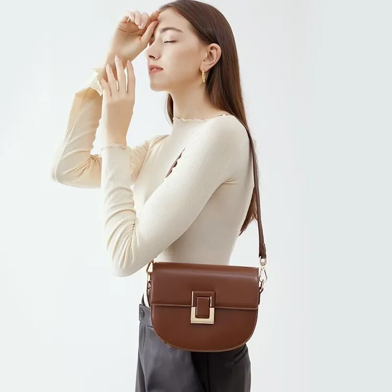 Chic Split Leather Zipper Shoulder Bag