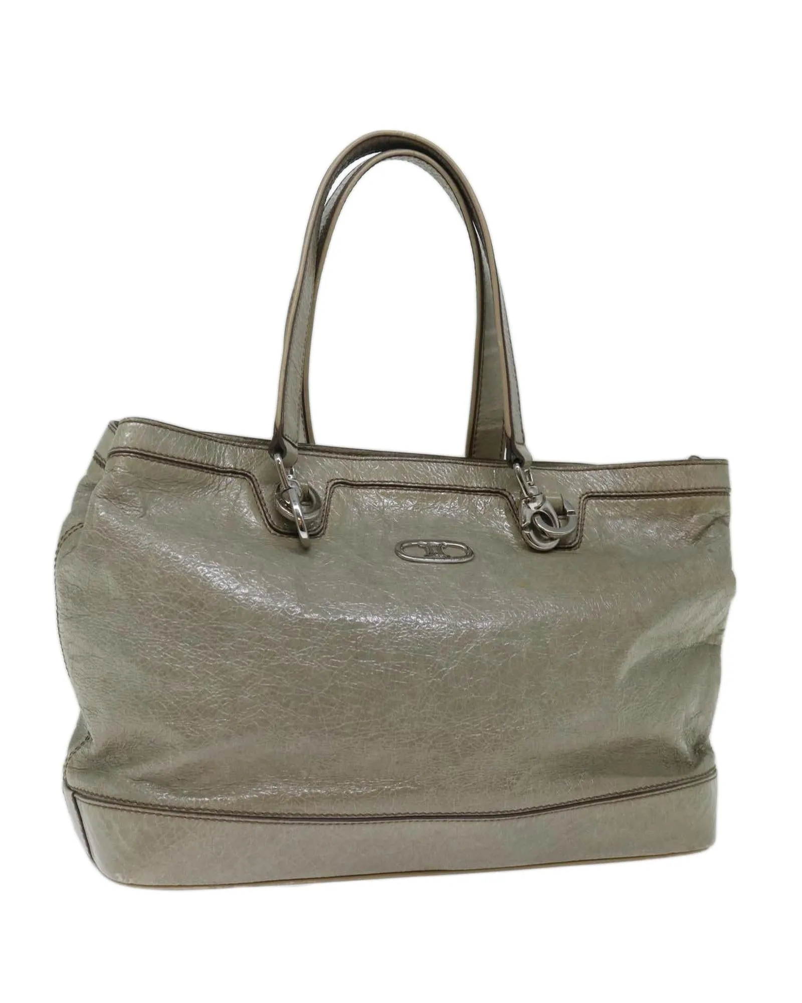 Gray Patent Leather Tote Bag with Scratches and Rubbing