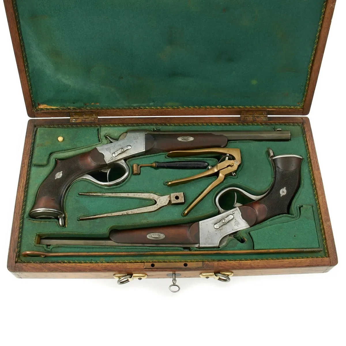 Original European Circa 1875 Remington Rolling Block Pistol Pair in Fitted Case with Accessories