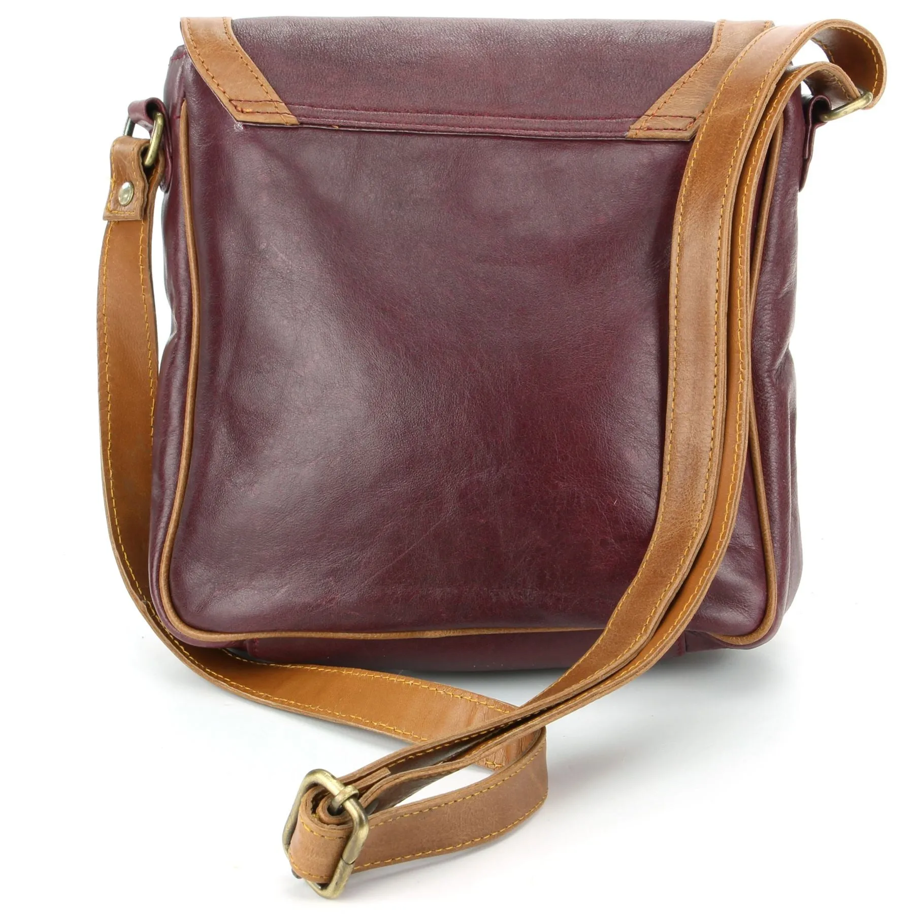 Real Leather Cross Body Messenger Shoulder Bag - Red & Brown