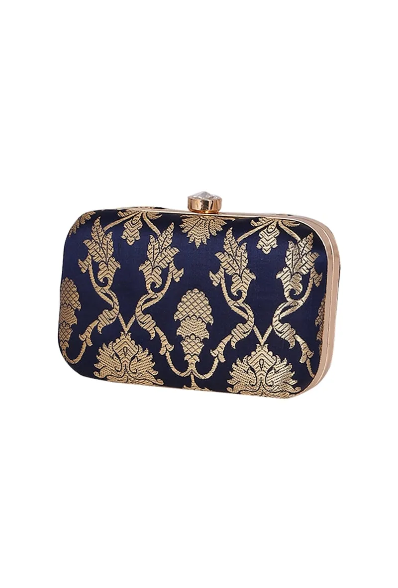 Royal Blue Brocade Box Clutch with Sling (8 X 2 X 4.5)