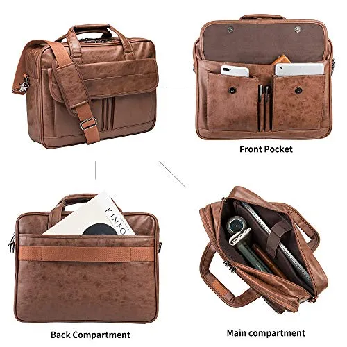 Seyfocnia Mens Laptop Bag,17.3 Inch PU Leather Messenger Bag Water Resistant Business Travel Briefcase, Work Computer Bag Satchel Bag Husband（Brown）