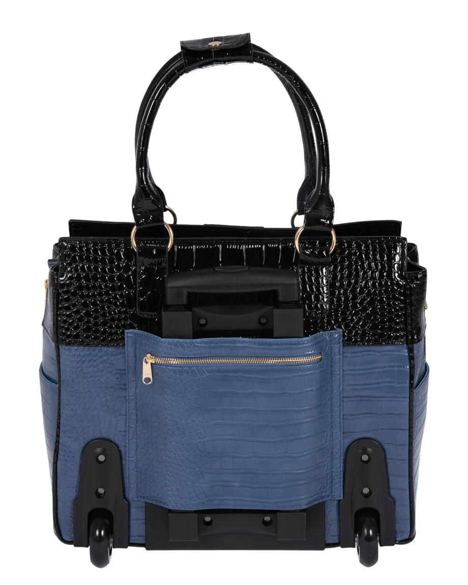 Stylish Oceanside Blue Alligator Rolling Laptop Bag | Women's Briefcase, Computer Case, Work Tote | Fits 13"-17" Laptops