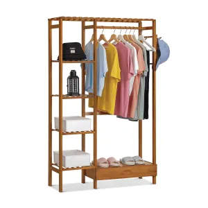 timeless Bamboo 1 Drawer Hat Hooks Coat Pants Rack, Closet Organizer Wardrobe, Brown, for Bedroom