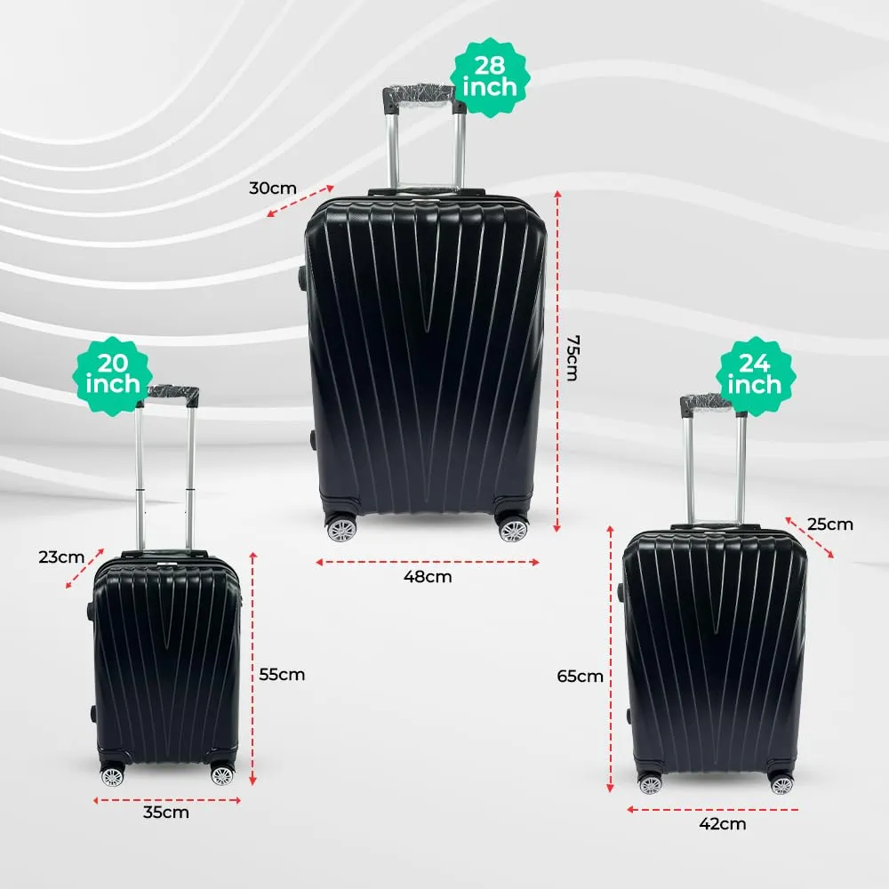 USHA SHRIRAM ABS (20,24,28 Inch - Cabin & Check-in Bag) Luggage Bag|Pack of 3 (55cm, 65cm, 75cm) | Trolley Suitcase for Travel | Travel Luggage for Men Women | Travel Bags for Luggage Trolley (Black)