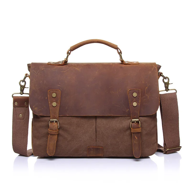 Vintage Leather Canvas Crossbody Business Briefcase