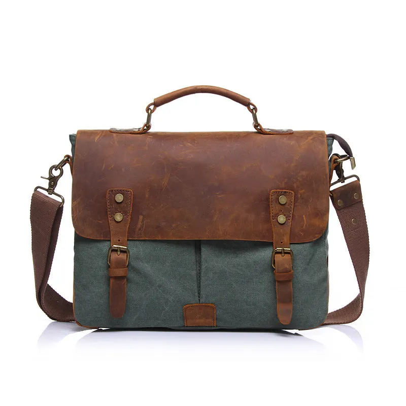 Vintage Leather Canvas Crossbody Business Briefcase