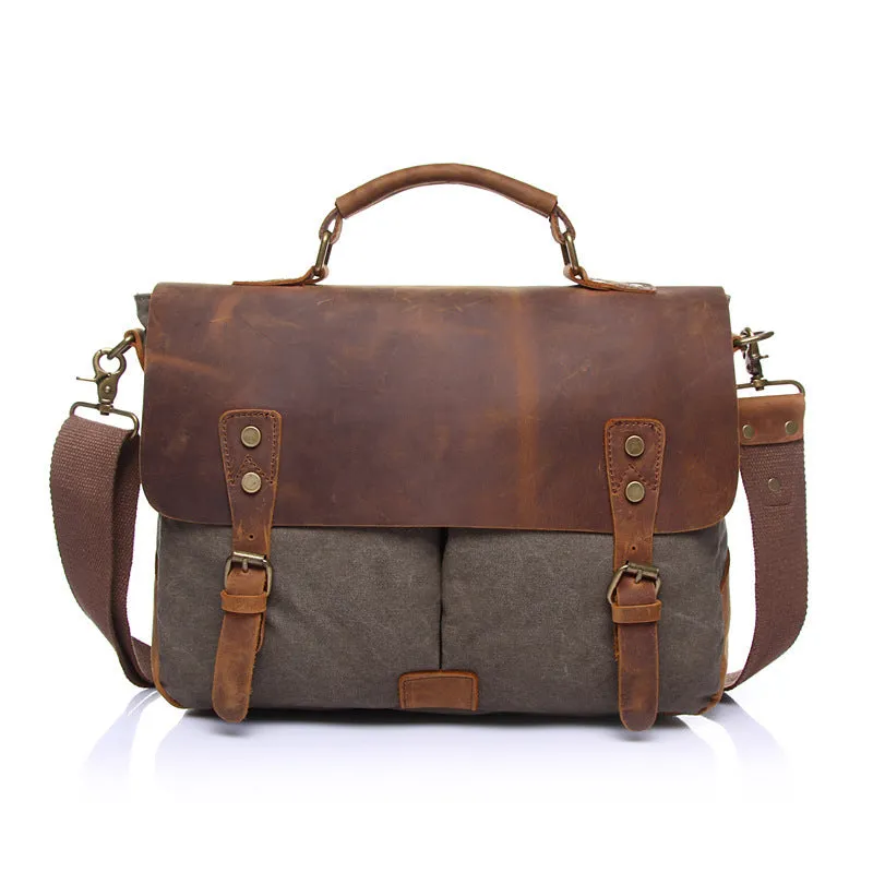 Vintage Leather Canvas Crossbody Business Briefcase