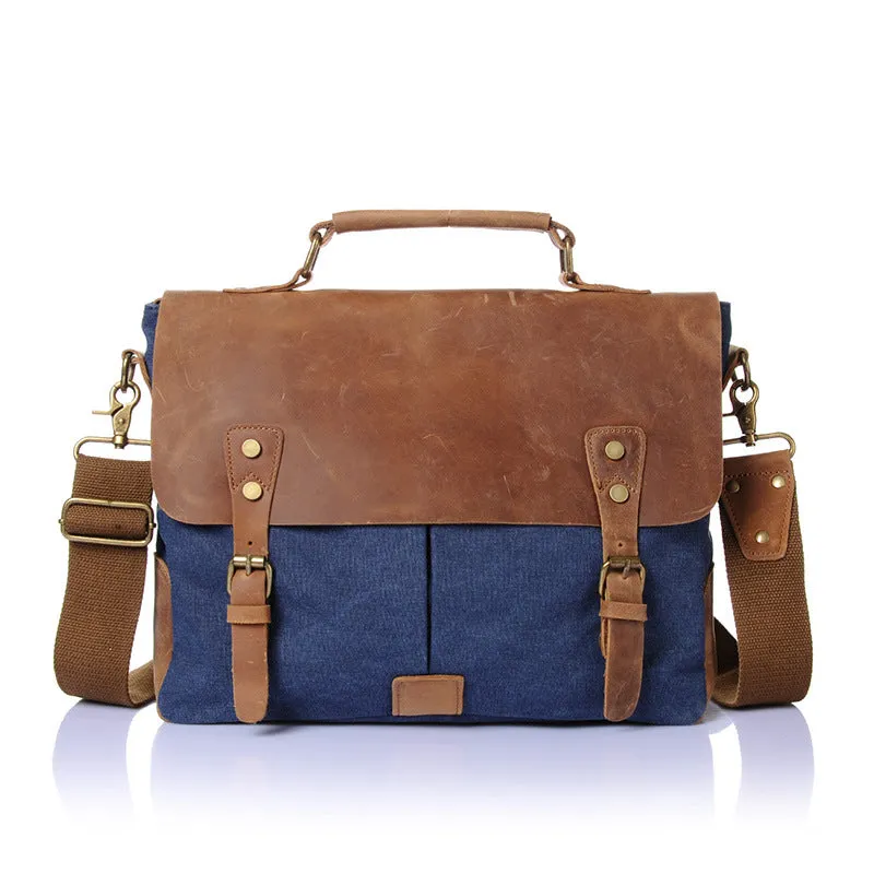 Vintage Leather Canvas Crossbody Business Briefcase