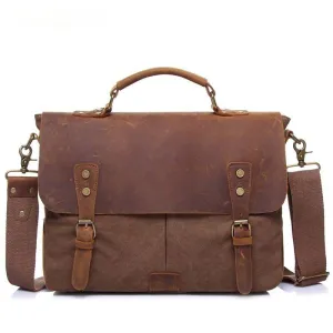 Vintage Leather Canvas Crossbody Business Briefcase