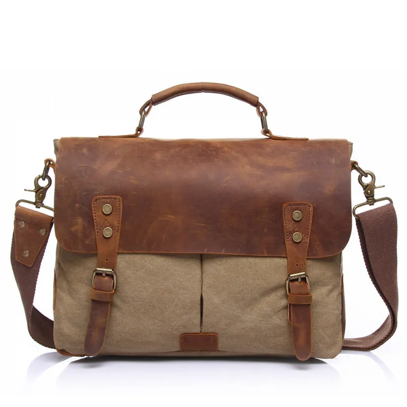 Vintage Leather Canvas Crossbody Business Briefcase